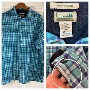 LL Bean Shirt Mens Large Fleece Lined Flannel Work Plaid DISTRESSED FLAWS